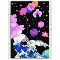 Картина по номерам на холсте радужный космос (космонавт, цветы) - 9035 В 60x40