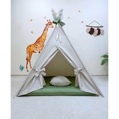 Льняной вигвам для детей с окошком с мягким ковриком из хлопка и подушкой. Основание 120*120 см (детская палатка) Vigvam Number ONE