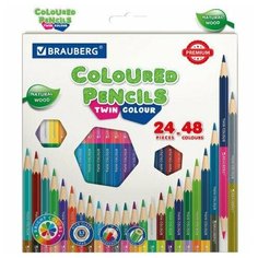 Карандаши цветные мягкие двусторонние BRAUBERG PREMIUM TWIN COLOUR, 24 штуки, 48 цветов, 181875