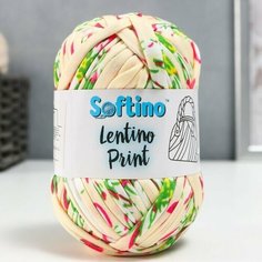 Пряжа трикотажная 95% хлопок, 5% эластан "Lentino Print" 100 гр 30 м розовый на бежевом 7656151 Softino