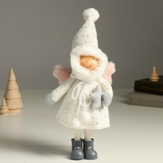 Кукла интерьерная "Ангелочек Еся в белом вязаном платье, с капюшоном-колпаком" 34 см Россия