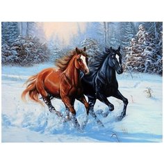 Алмазная мозаика 40x50 см. на холсте с подрамником (картина стразами, алмазная вышивка) Пара лошадей в зимнем лесу 40x50 см. Boom Boom Shop