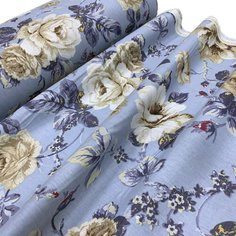 Ткань - Поплин "Бежевый пион на голубом" широкий, 240 см, для постельного белья, одежды, рукоделия и творчества, 0,5 метра Other