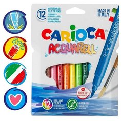 Фломастеры акварельные 12 цветов, Carioca "Acquarell", 3.0 мм, с кистевым пишущим узлом, смываемые, картон, европодвес