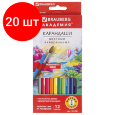 Комплект 20 шт, Карандаши цветные акварельные BRAUBERG "академия", 12 цветов, шестигранные, высокое качество, 181398