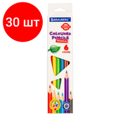 Комплект 30 шт, Карандаши цветные BRAUBERG PREMIUM, 6 цветов, трехгранные, грифель мягкий 3.3 мм, 181650