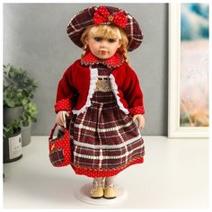 Кукла коллекционная керамика "Инга в красном, платье в горох и клетку" 40 см 6260198 Сима ленд