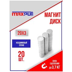 Магниты 20х3 мм MaxPull диски NdFeB набор 20 шт. в тубе