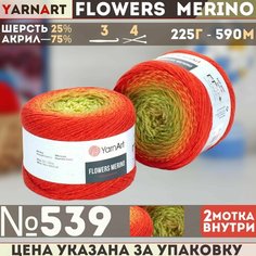 Пряжа YARNART Flowers Merino (YarnArt), оранжевый/зеленый - 539, 25% шерсть, 75% акрил, 2 мотка, 225 г, 590 м.