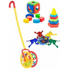 Развивающие игрушки для малышей: Каталка "Колесо" + Сортер Кубик логический малый + Пирамида детская малая + Команда КВА №1 KAROLINA TOYS