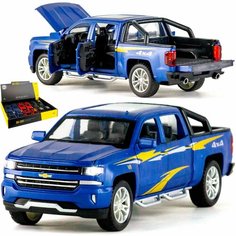 Металлическая машинка игрушка 1:32 Chevrolet Silverado (Шевроле Сильверадо) 18.4 см. инерционная, свет, звук / Синий Denco Store