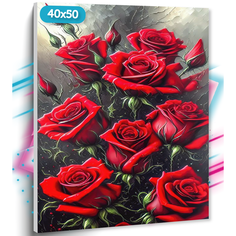 Алмазная мозаика на подрамнике "Алые розы" , 40х50 см, Вышивка круглыми стразами, Набор для творчества, Полная выкладка "ТТ", с цветами TT