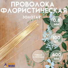 Проволока флористическая, 100 штук 0,8 мм 40 см, Проволока для рукоделия, для букетов, для украшений, Золотая, Delta-Wire