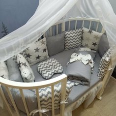 Комплект бортиков в кроватку из 16 предметов Mamdis для новорожденных и малышей серо-белый Mam.Dis