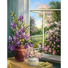 Картина по номерам на холсте 40*50 см "Ирисы на дачном окне" Нет бренда
