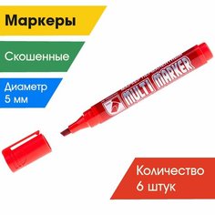 Маркер перманентный Crown "Multi Marker Chisel" красный, скошенный, 5мм (набор 6шт.)