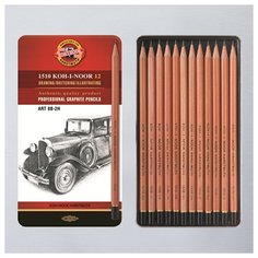Набор карандашей ч/г Koh-I-Noor "1512" 12шт, 8B-2H, металл. пенал, с неокрашенным корпусом