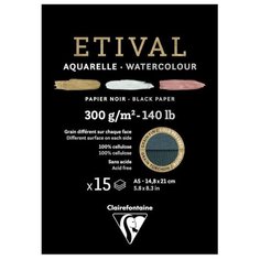 Альбом для акварели 15л., А5, на склейке Clairefontaine "Etival", 300г/м2, торшон,холод.пресс.,черн., цена за штуку, 304075