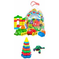 Развивающие игрушки для малышей набор Пирамидка детская большая + Конструктор "Кноп-Кнопыч" 114 дет. + Команда КВА №1 Биплант