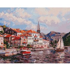 Алмазная мозаика Белоснежка "Черногория" / Набор алмазной мозаики 40х50 см / На подрамнике / Полная выкладка / Водоём / Город / Лодки