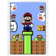 Картина по номерам на холсте игра Super Mario Bros (Sega, Сега, 16 bit, 16 бит, ретро приставка) - 9850 В 60x40