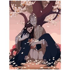 Картина по номерам на холсте Девушка и статуя (Япония, Сакура, Череп) - 7602 В 30x40