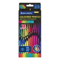 Карандаши цветные BRAUBERG NEON 12 неоновых цветов черное дерево трёхгранные, 3 шт