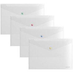 Папка-конверт на кнопке А4, 160 мкм, ErichKrause Glossy Clear, глянцевая, с цветной кнопкой, прозрачная, микс