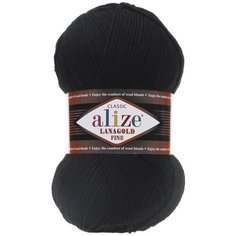 Пряжа Alize Lanagold Fine (Ализе Ланаголд Файн) - 1 моток, 60 черный, 49% шерсть, 51% акрил 390м/100г