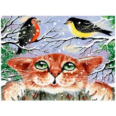 Картина по номерам на холсте на деревянном подрамнике Белоснежка "Наблюдатель", Раскраска 30x40 см, Зима Птицы Снегири Животные