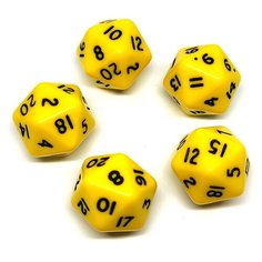 Двадцатигранный кубик (D20), 5 шт, желтый (для DnD (ДнД), Pathfinder, настольных, трансформационных игр, обучению детей счету) Pandoras Box Studio
