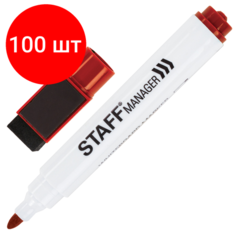 Комплект 100 шт, Маркер стираемый для белой доски на магните со стирателем, красный, STAFF "Manager", 3 мм, 152003