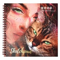Скетчпад 195 х 195 мм, 40 листов на гребне "девушка С котом", обложка мелованный картон, тиснение фольгой, блок 100 г/м² Феникс