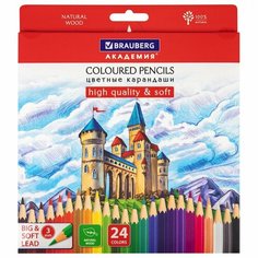 Карандаши цветные 24 цвета Brauberg Академия (L=176мм, 6гр, d=3мм, мягкие) (181866, 6 уп.