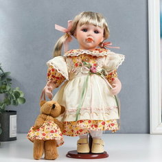 Кукла коллекционная керамика "Иришка в бежево-оранжевом платье с цветами и мишкой" 30 см Сима ленд