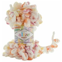 Пряжа Alize Puffy Color/Ализе Пуффи Колор/ 9м, 100г / 6244 белый/желтые-оранжевые-пыльно розовые пятна - 1 шт