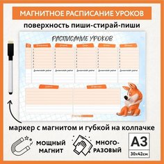 Расписание уроков магнитное А3, пиши-стирай, школьное многоразовое, маркер с магнитом, Корги #50 - №3, schedule_corgi_#50_А3_3 ДАРИТЕПОДАРОК.РФ