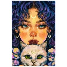 Картина по номерам на холсте Девушка с кошкой (луна) - 8487 В 60x40