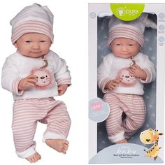 Пупс Junfa Pure Baby в белой со львенком кофточке, бело-розовых в полоску штанишках и шапочке, с аксессуарами, 35см WJ-22521