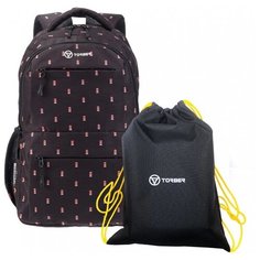 Школьный рюкзак TORBER CLASS X, черный с орнаментом, полиэстер 900D, 45 x 30 x 18 см +Мешок для сменной обуви в подарок! (T2602-22-BLK-M)