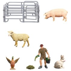 Фигурки животных серии "На ферме": кролик, свинья, утка, овца, фермер, ограждение (набор из 7 предметов) Masai Mara