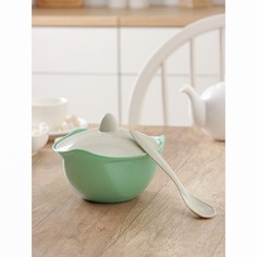 Сахарница с крышкой и ложкой, d=13,5 см, h=6,5 см, цвет оливковый/серо-бежевый No Brand