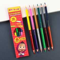 Карандаши двухсторонние, 12 цветов, заточенные, трехгранные, картонная упаковка, европодвес, маша и медведь