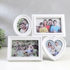Фоторамка на 4 фото белая 10×15 см, овал 9х6 см, сердце 9х9 см No Brand