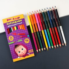 Карандаши двухсторонние, 24 цвета, заточенные, трехгранные, картонная упаковка, европодвес, маша и медведь