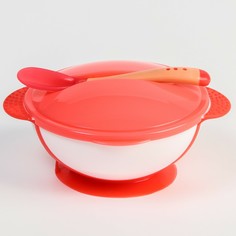 Набор детской посуды: миска на присоске 340мл., с крышкой, термоложка, цвет розовый Крошка Я