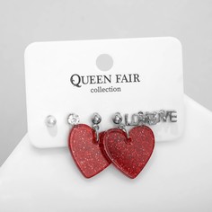 Набор 3 пары серег love сердечки, цветные в серебре Queen Fair