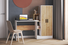 Стол компьютерный письменный с встроенным шкафом и полками Саленто 1, дуб крафт золотой No Brand