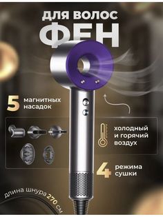 Фен NoBrand HIR 1600 Вт серый, фиолетовый