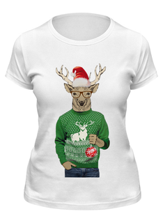 Футболка женская Printio Олень новогодний в свитере и очках с шариком белая M